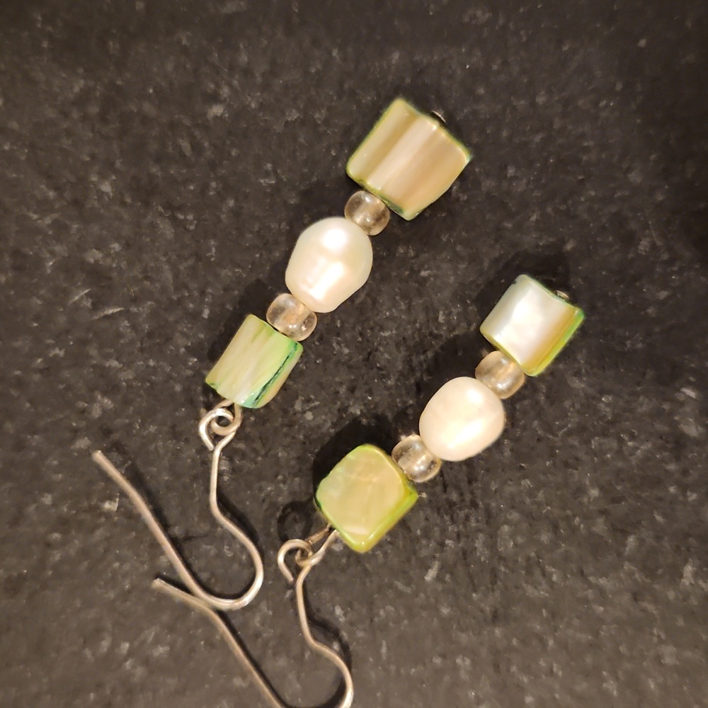 Green and White Dangle Earrings
